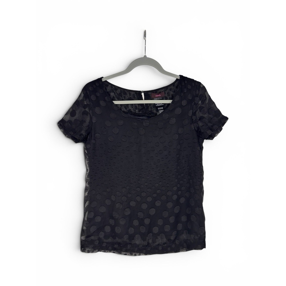 mark. by Avon Womens M Black Sheer Polka Dot Blouse Short Sleeve Party Top